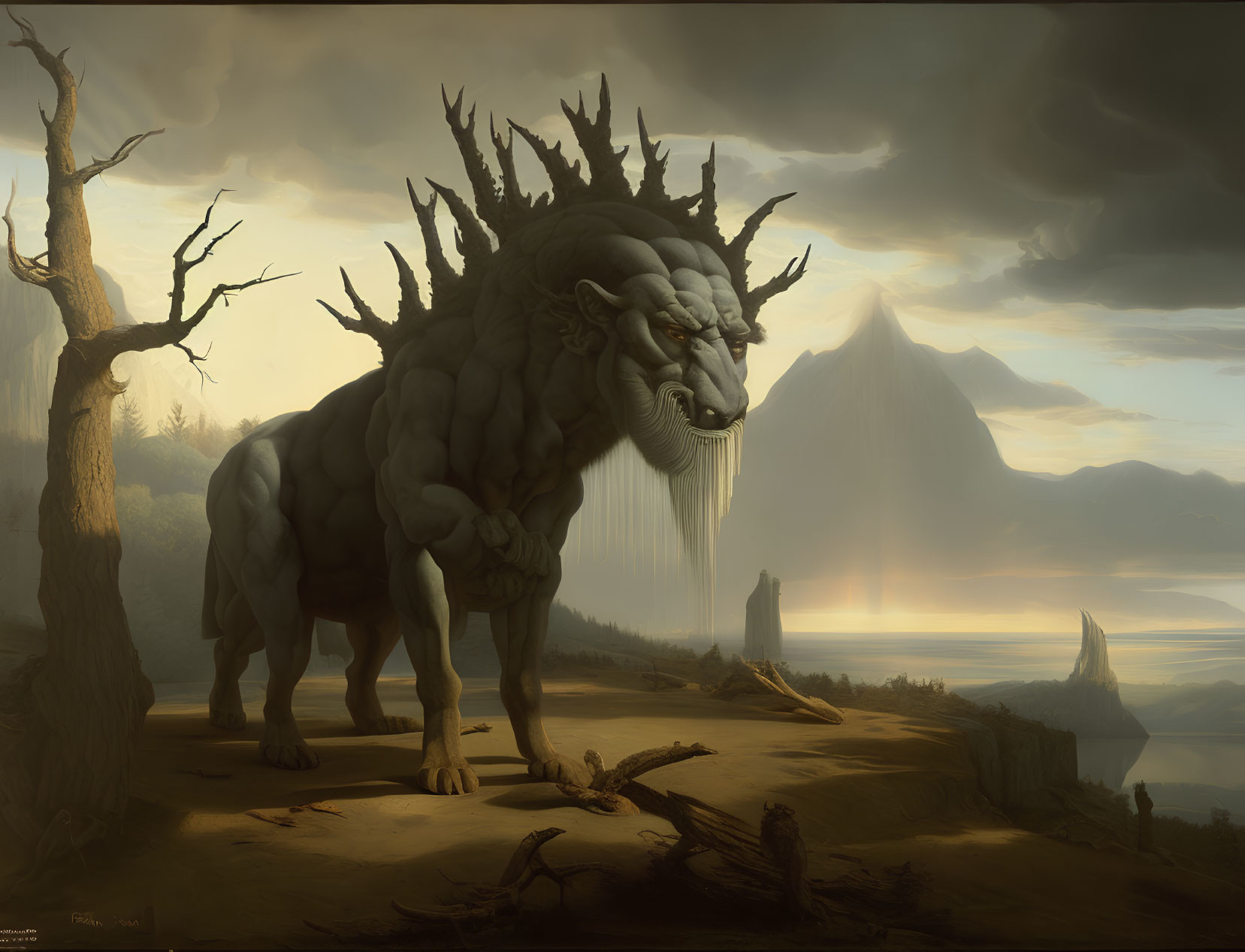 Mythical lion-like creature with horned mane in dramatic landscape