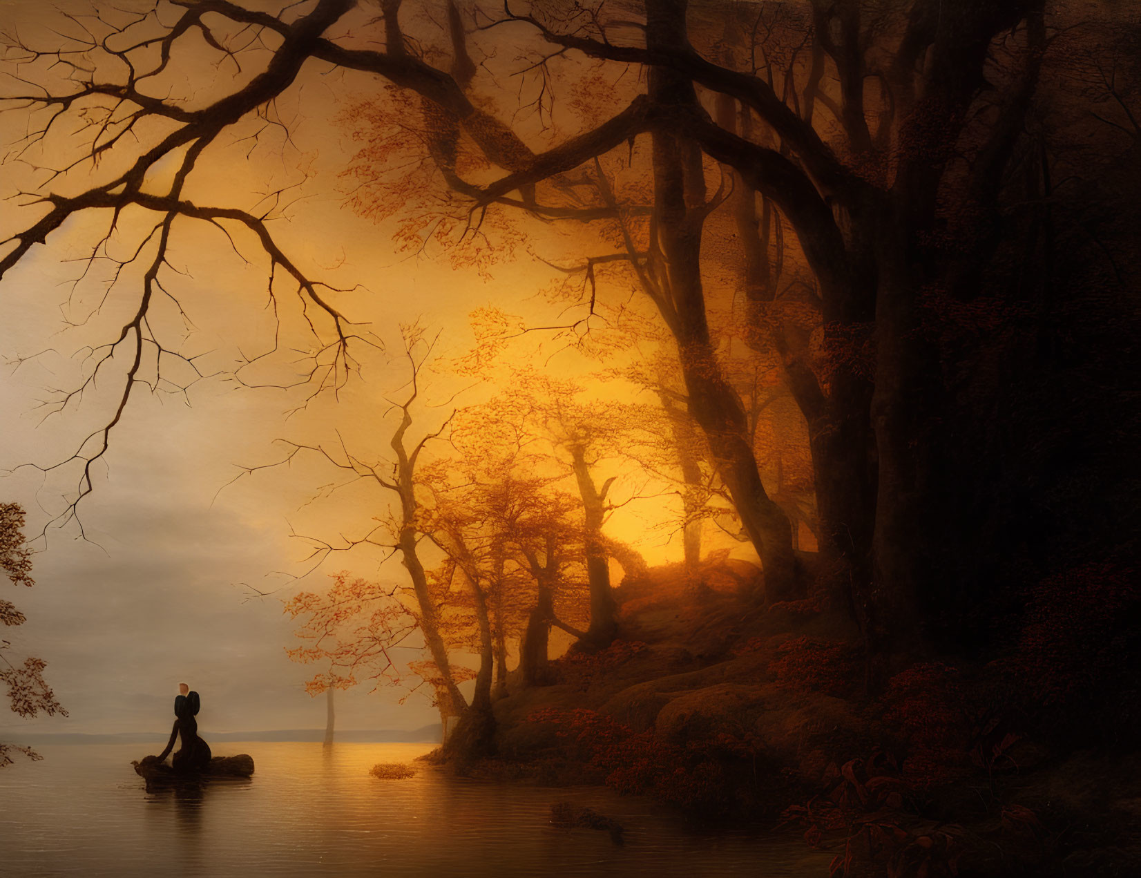 Serene sunset lake scene with person on raft under autumn trees