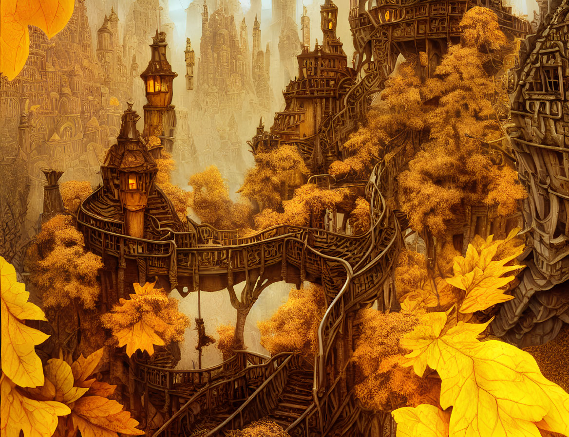 Autumn landscape with golden foliage, treehouses, staircases, and distant castles in misty