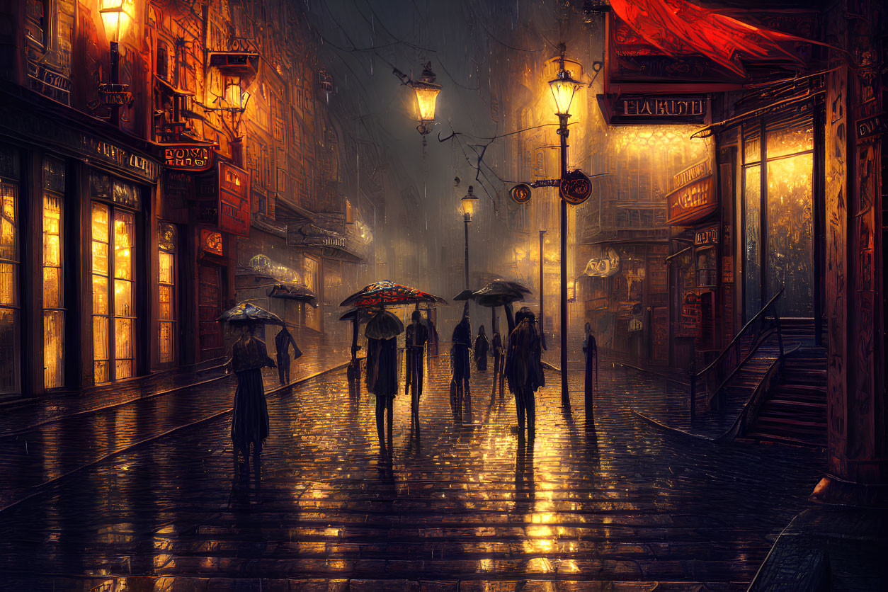 Urban night scene: Rainy street with warm lights and umbrellas