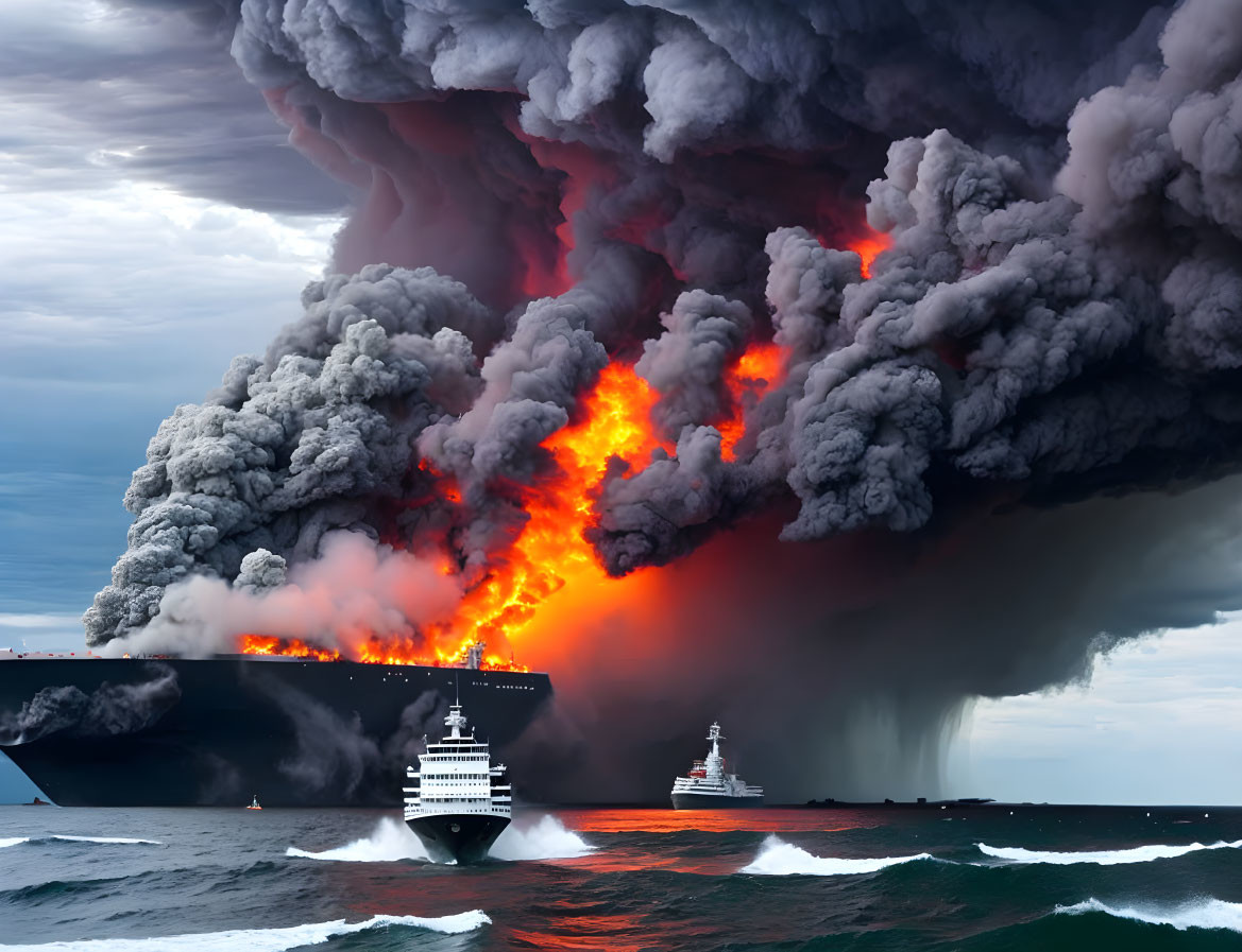 Massive volcanic eruption at sea with ash clouds and lava flows.