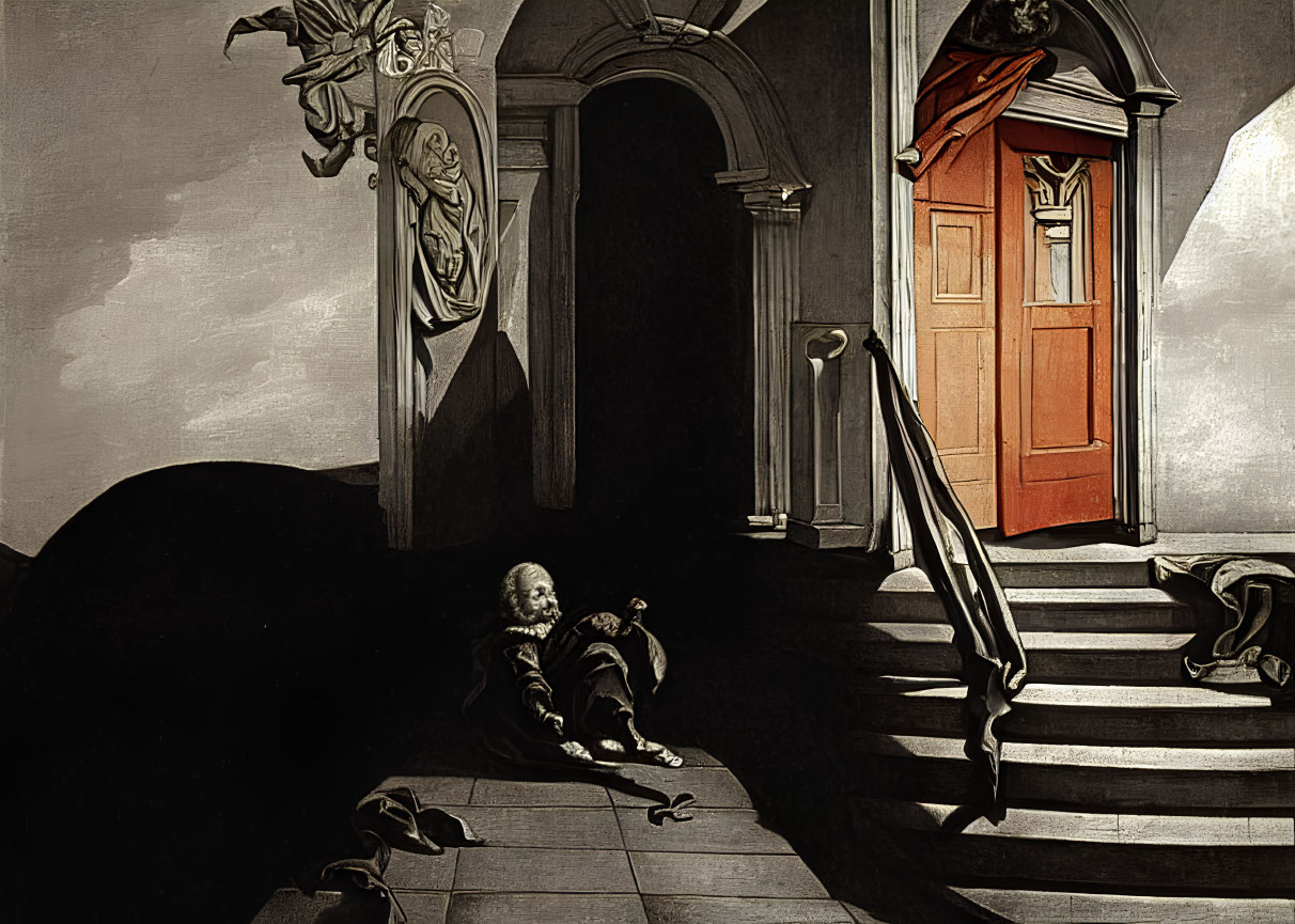Monochrome illustration: cloaked figure, red door, dark stairway