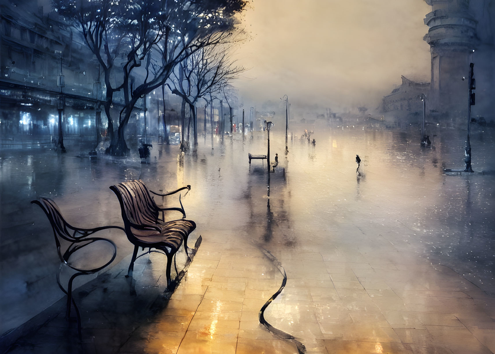 Misty city scene with wet pavement and silhouettes at twilight