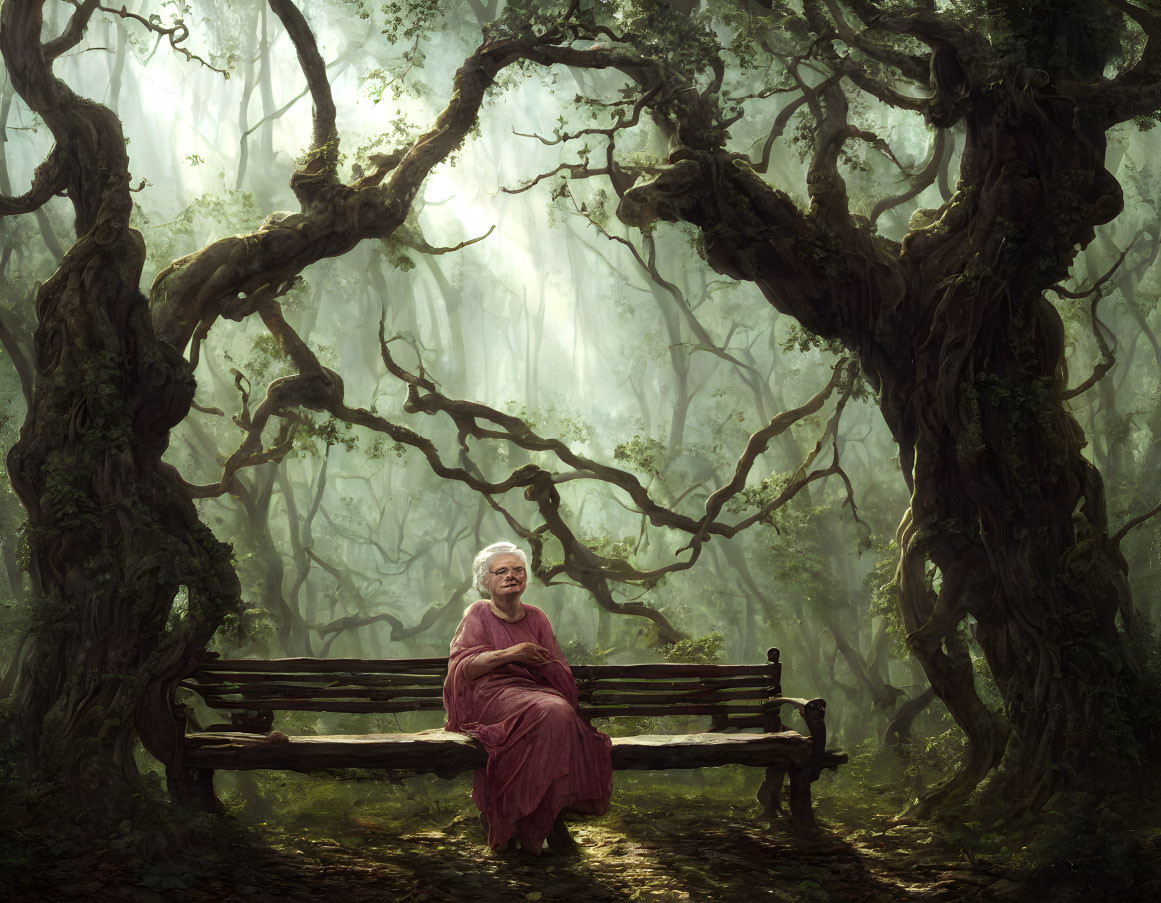 Elderly woman in pink dress on bench in mystical forest with sunlight filtering through ancient trees