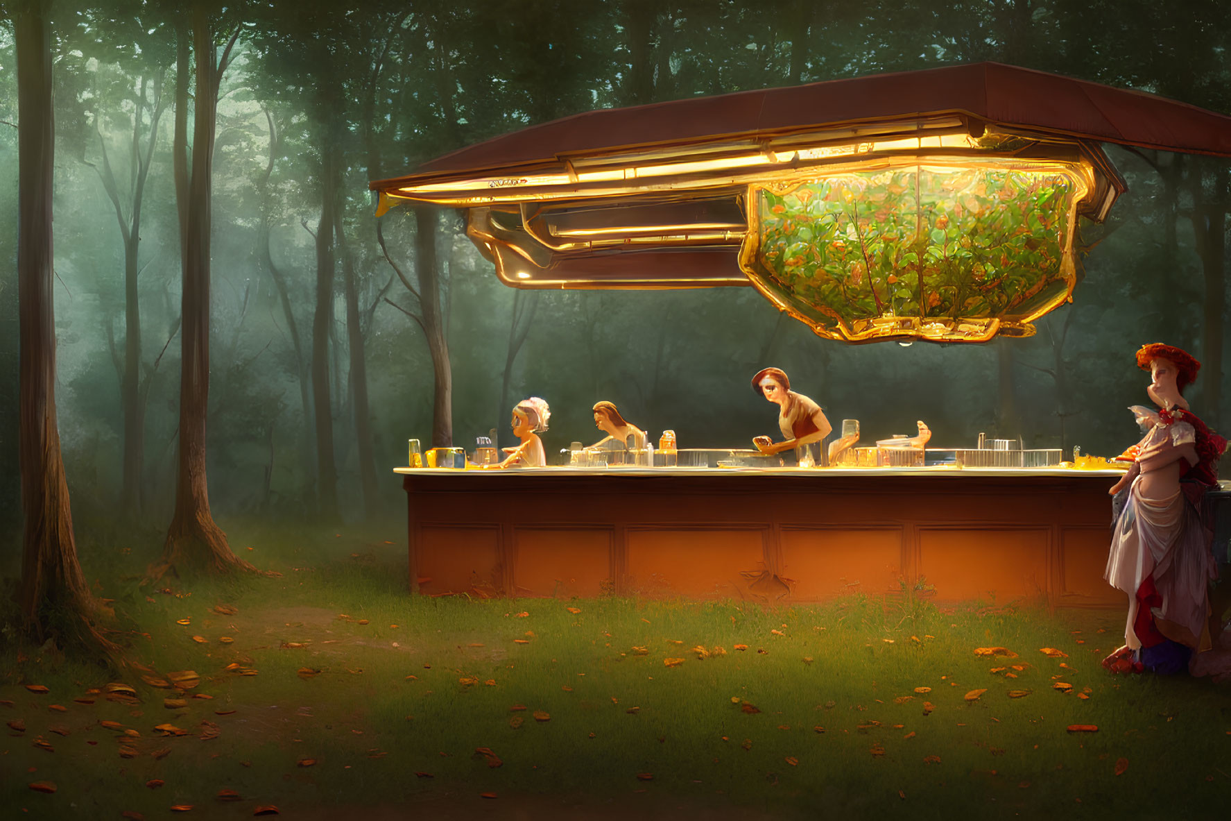 Futuristic outdoor bar in forest clearing with female bartender under warm light