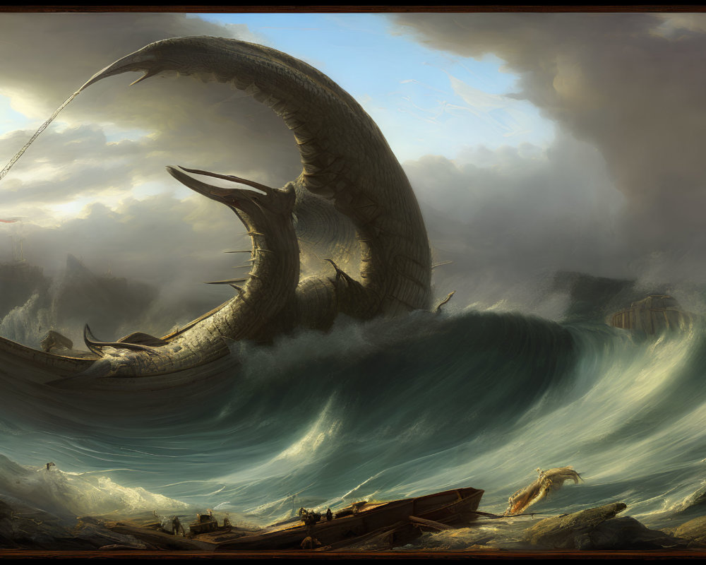 Gigantic sea monster rises above ships and cliff-dweller as storm clouds gather