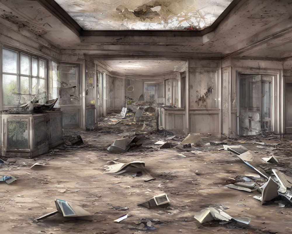 Abandoned room with debris, fallen books, broken windows, peeling ceiling