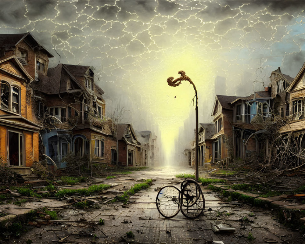 Desolate street with dilapidated houses, stormy sky, lightning, old bicycle, and lev