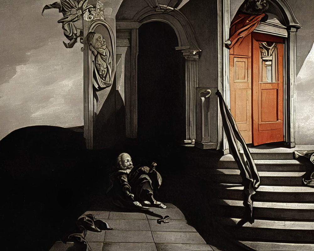 Monochrome illustration: cloaked figure, red door, dark stairway