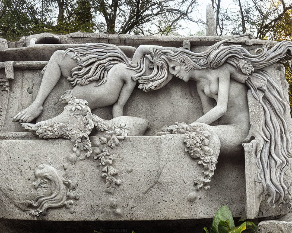 Reclining nude woman stone sculpture with floral motifs in fountain structure
