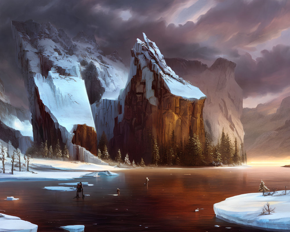 Snowy mountain landscape with serene lake at dusk and warm sunlight reflections