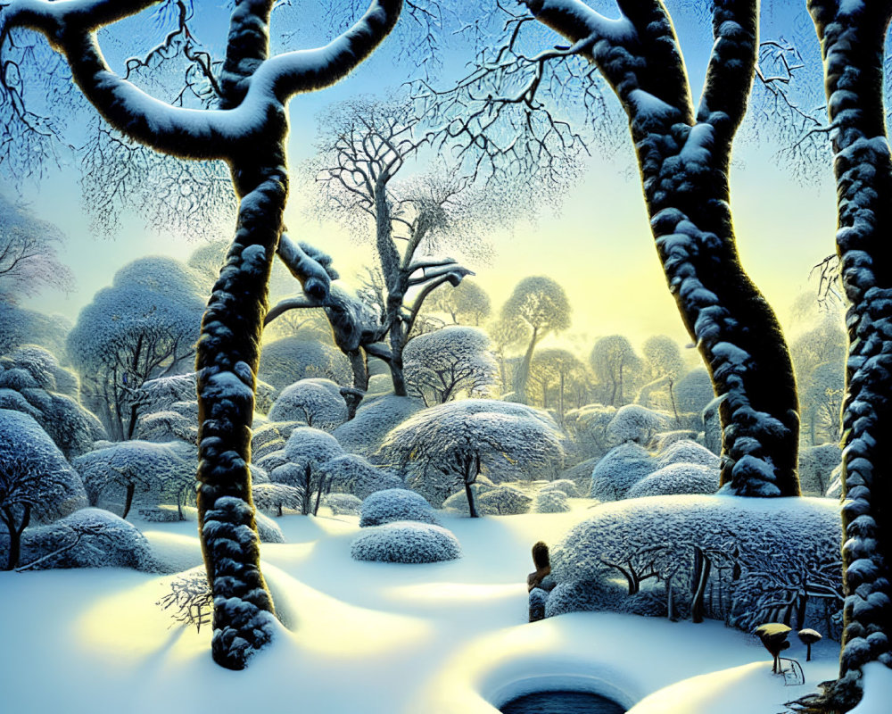 Snow-covered trees in magical winter landscape with glowing blue sky