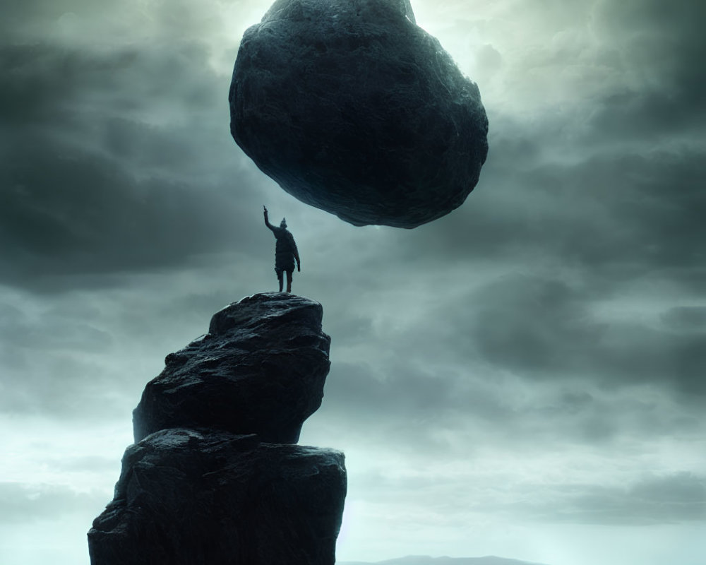 Person standing under levitating boulder on rocky peak in ominous seascape