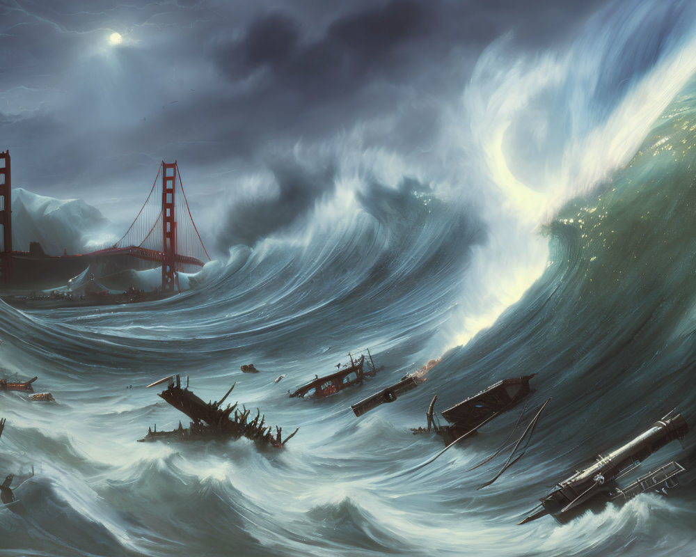 Apocalyptic scene of Golden Gate Bridge engulfed by massive waves
