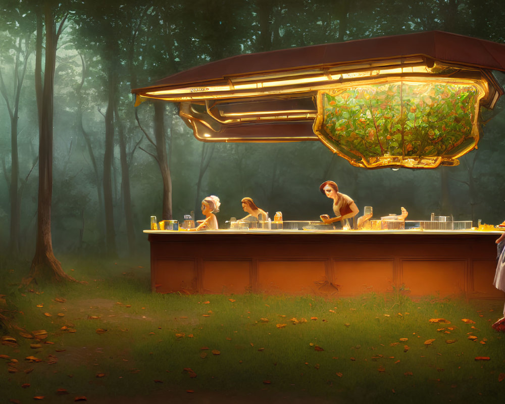 Futuristic outdoor bar in forest clearing with female bartender under warm light