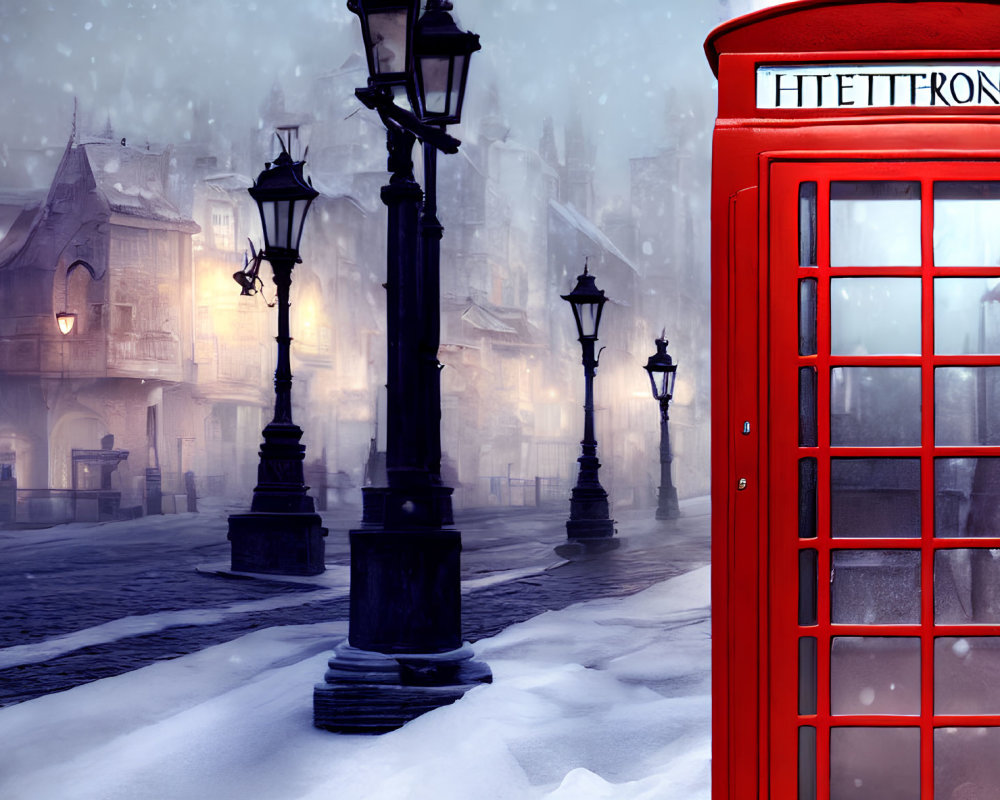 Red telephone booth in snowy street with vintage lamps and old buildings