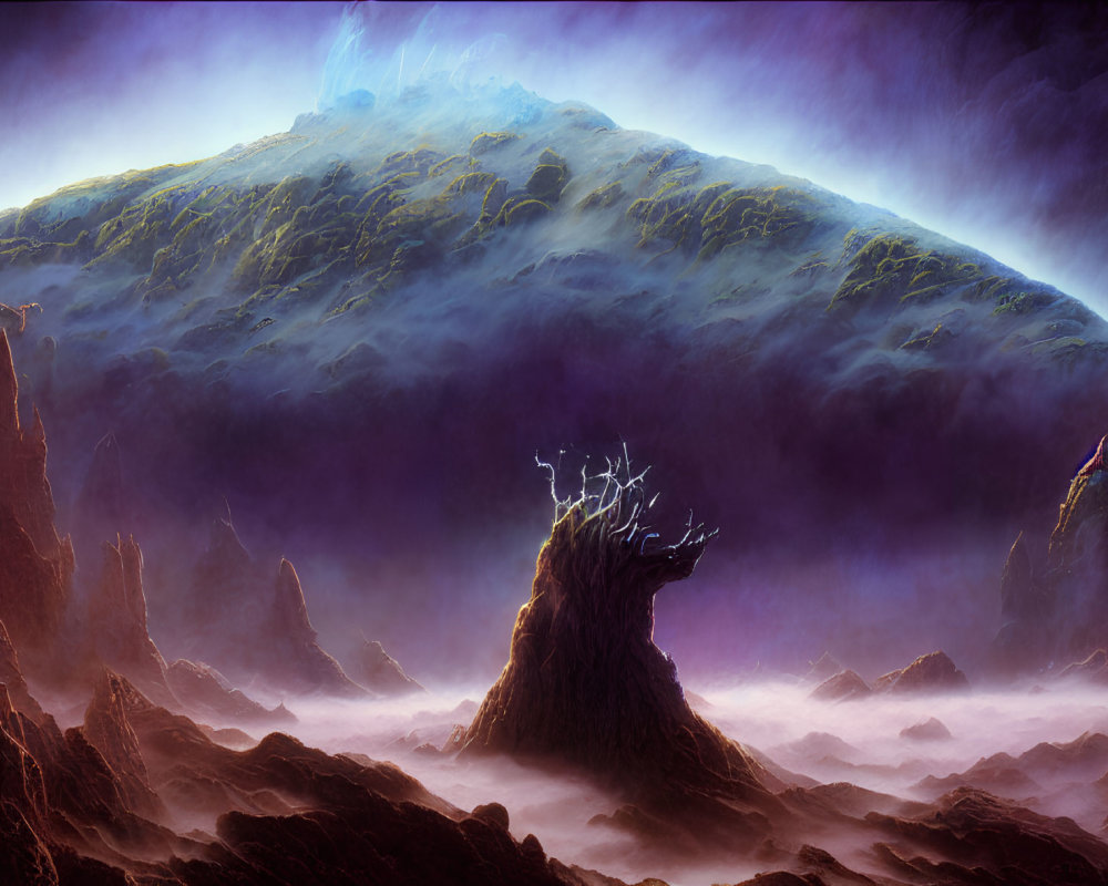 Mystical landscape with towering mountain and glowing tree