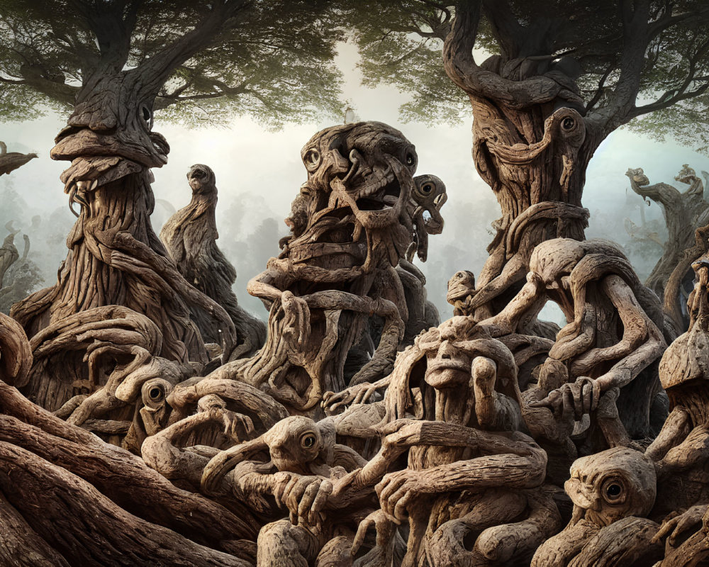 Fantastical forest with gnarled tree faces and eerie atmosphere