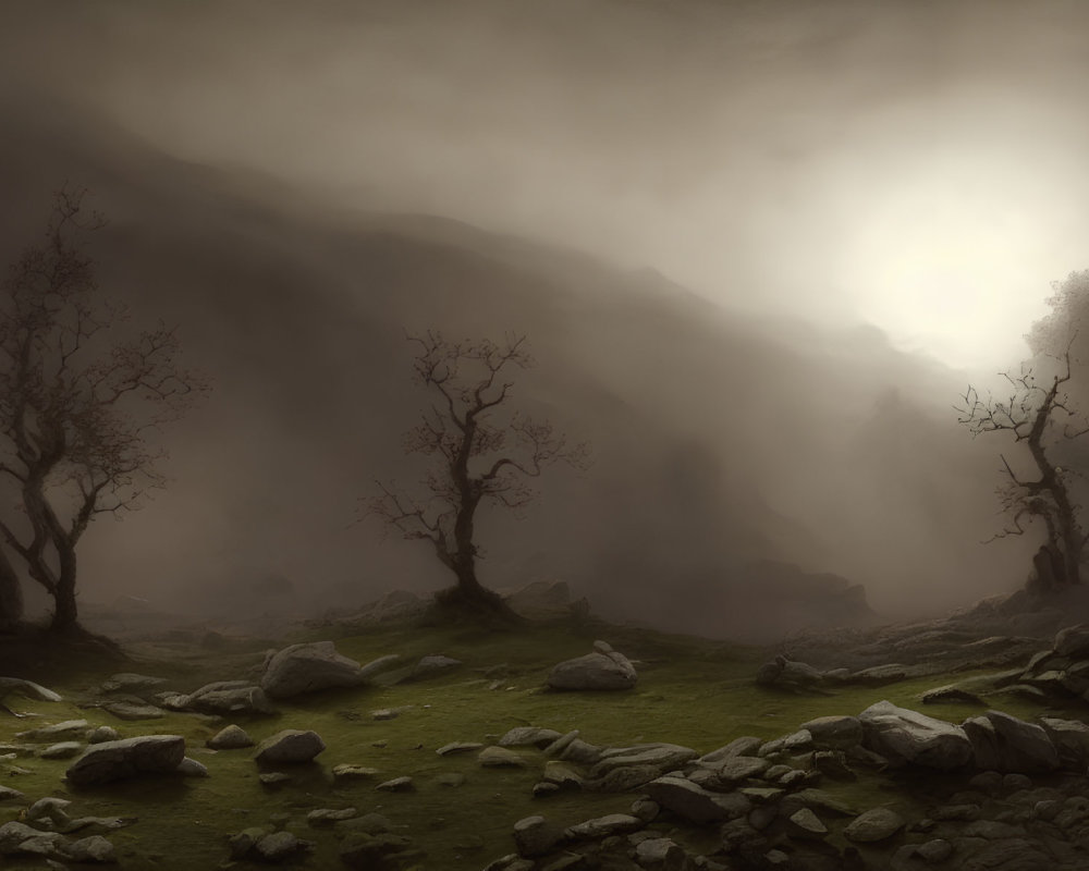 Foggy landscape with bare trees, rocks, and soft light on grassy terrain