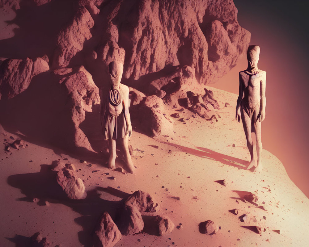 Astronauts in spacesuits on pinkish Mars-like terrain