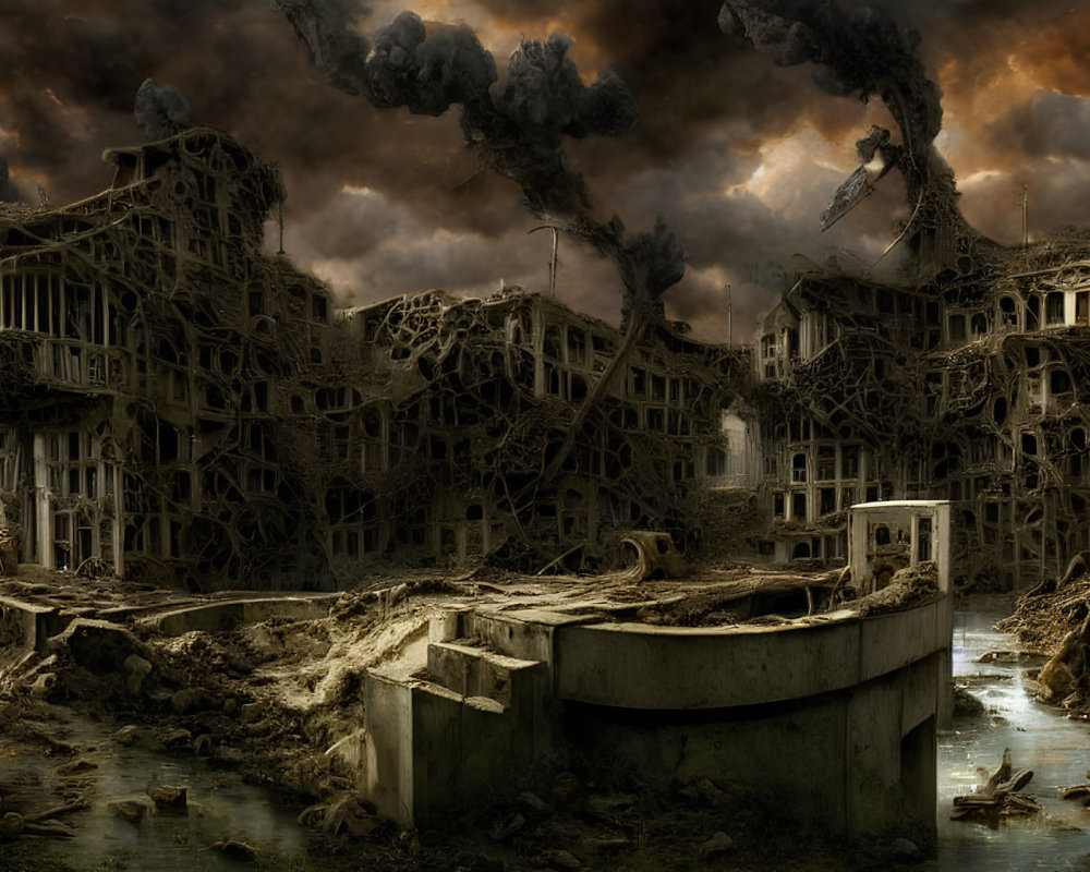 Dystopian landscape with ruined buildings and dark skies