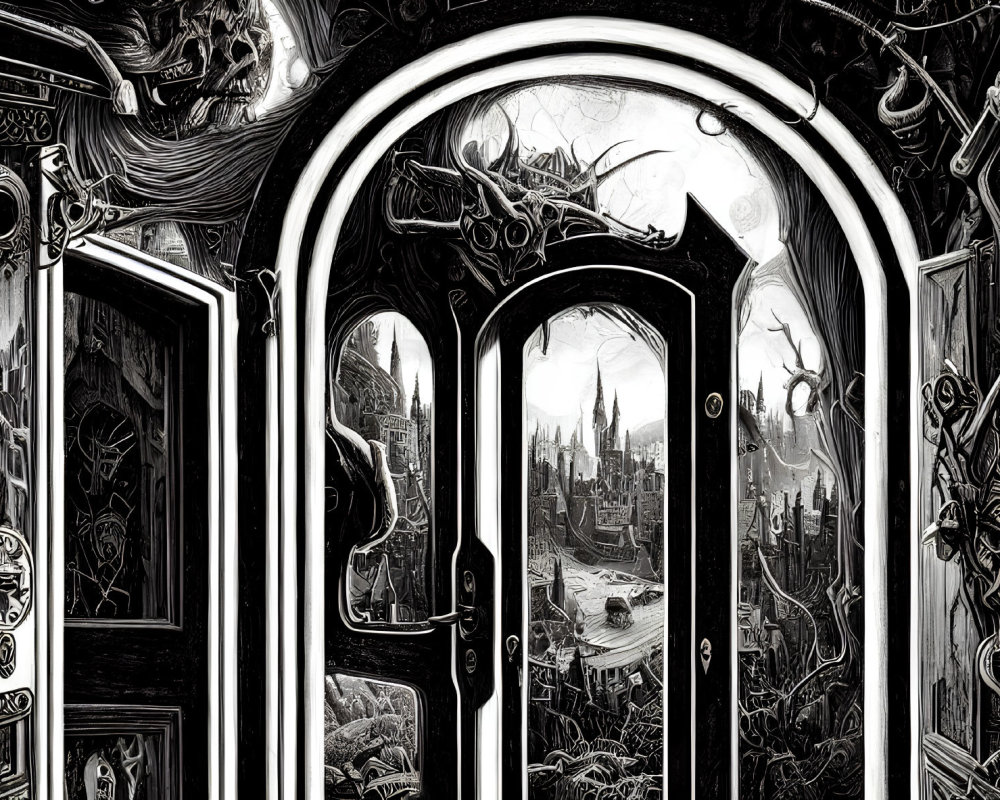 Detailed monochromatic illustration: ornate door reveals fantasy landscape with castles and floating islands.
