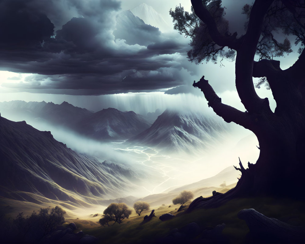 Stormy Mountain Landscape with Silhouetted Tree
