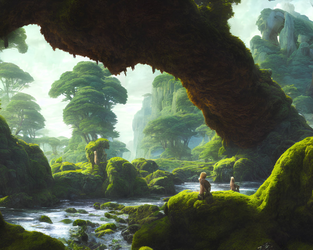 Mystical forest with lush greenery, river, figures under natural archway