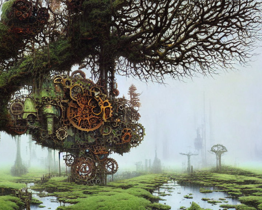 Steampunk treehouse with gears in misty landscape
