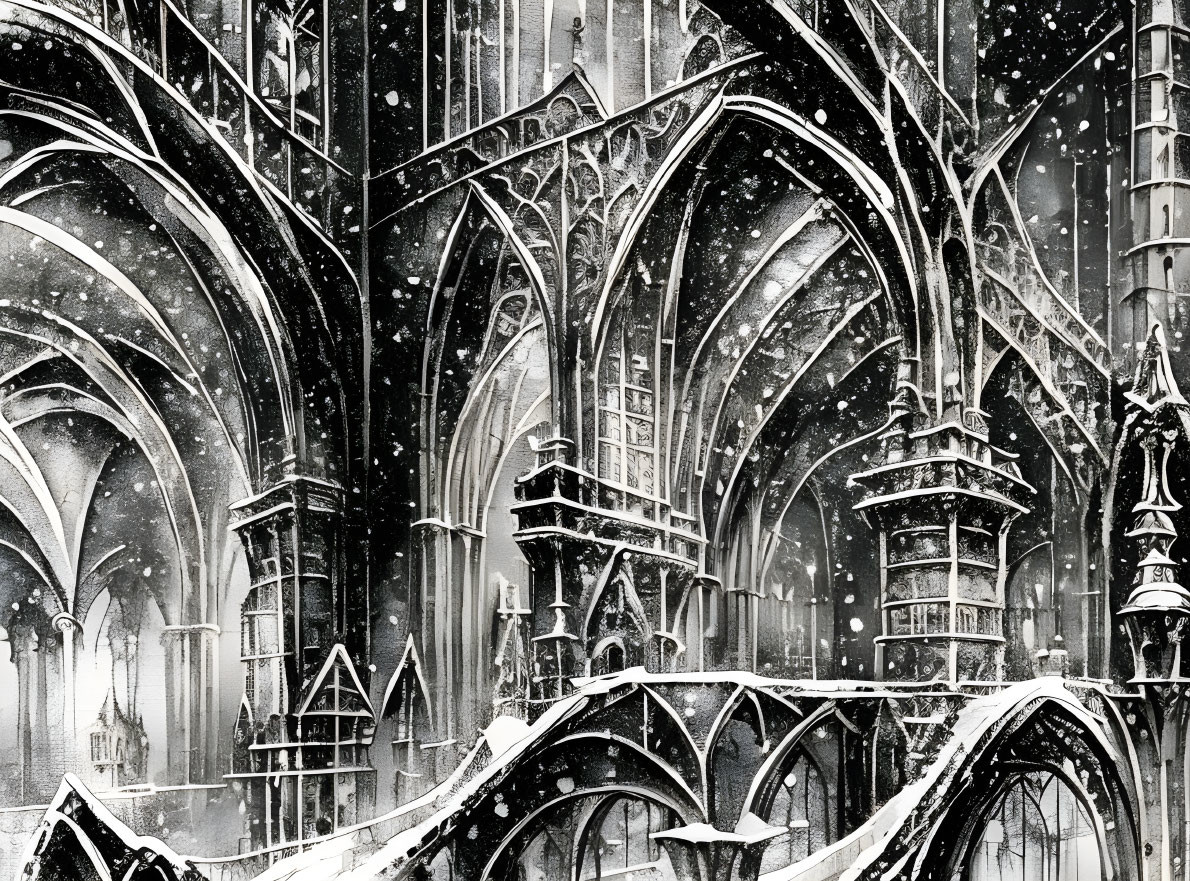 Gothic cathedral architecture in black and white with falling snow