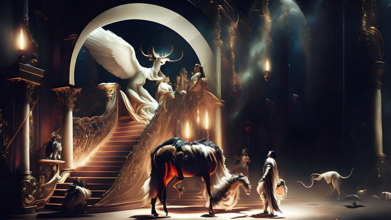 Mythological creatures in grand hall with celestial lighting