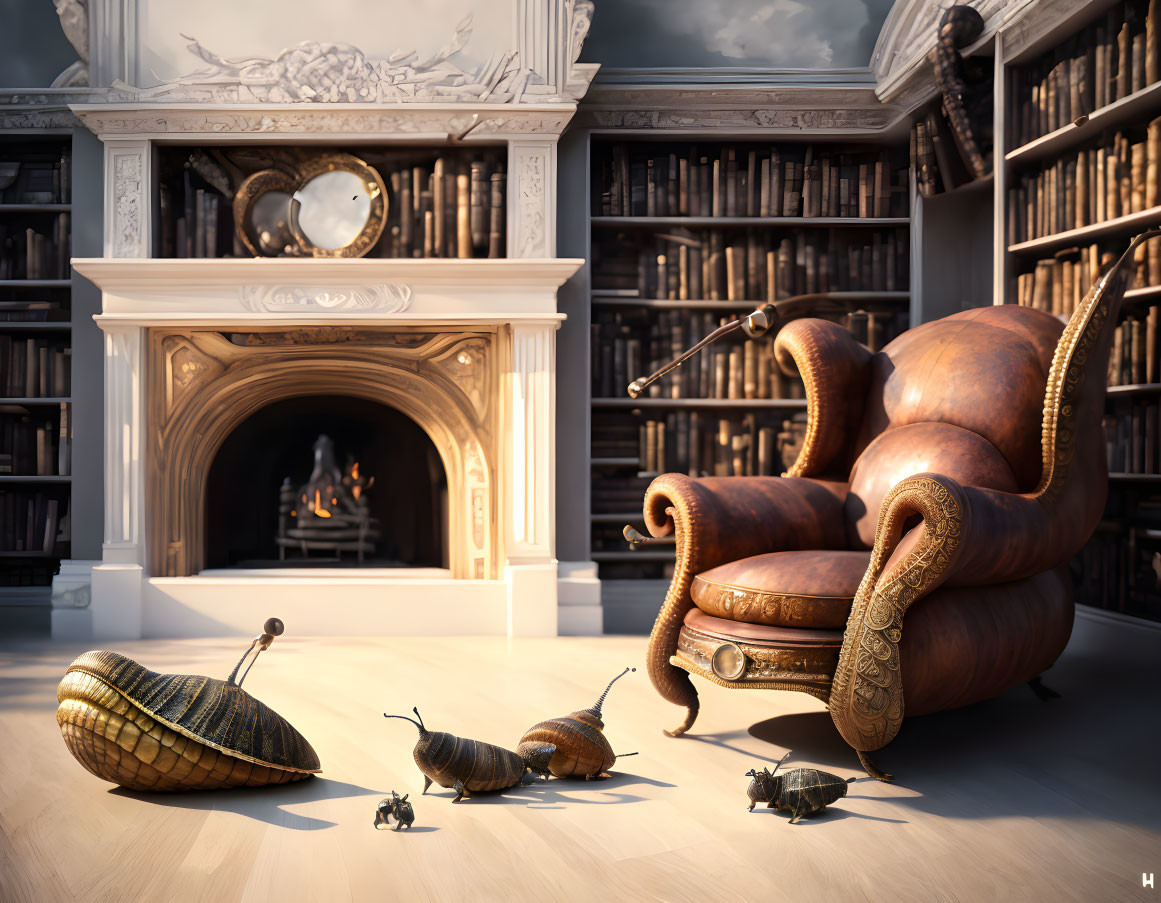 Whimsical snails with human-like riders in a cozy library setting
