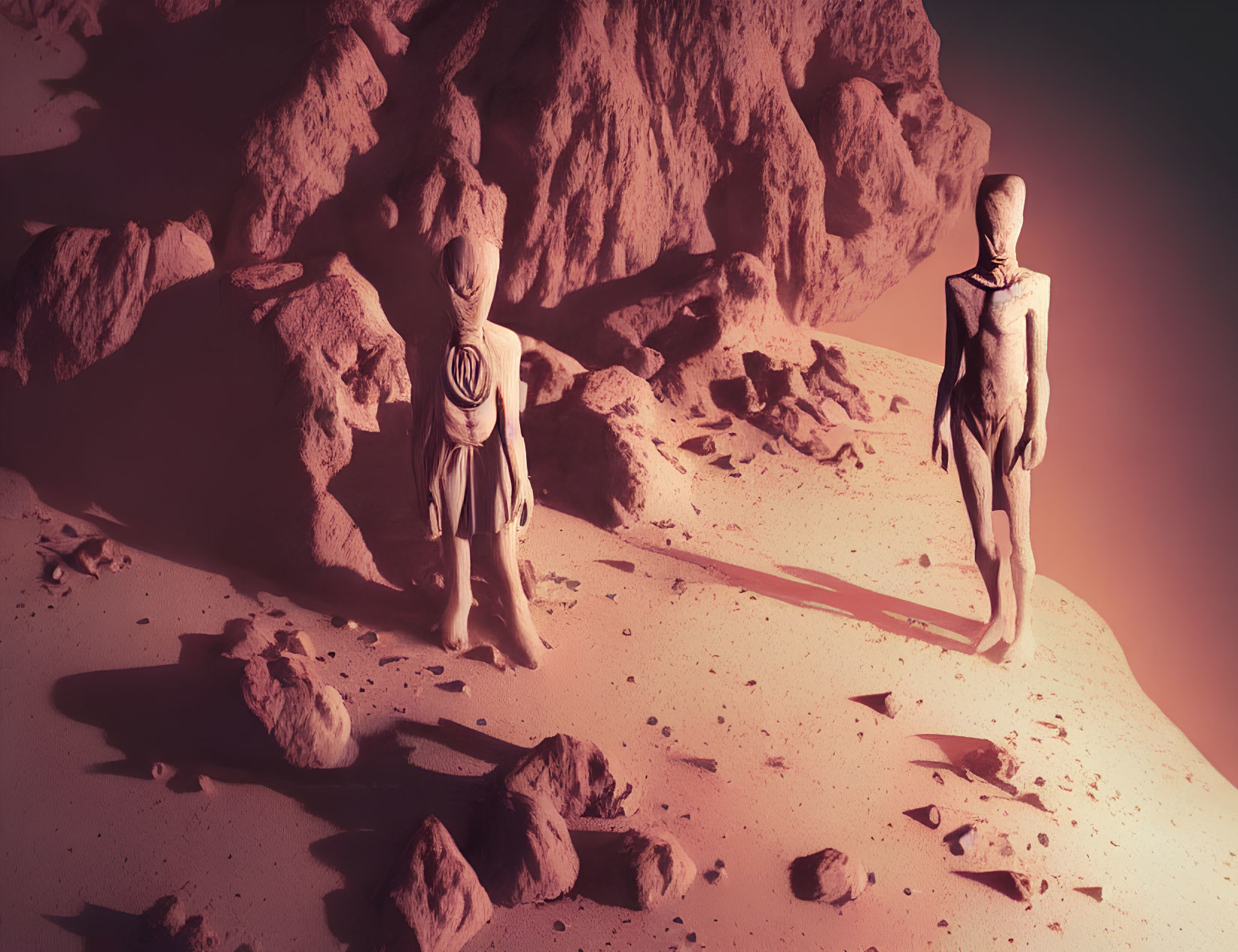Astronauts in spacesuits on pinkish Mars-like terrain