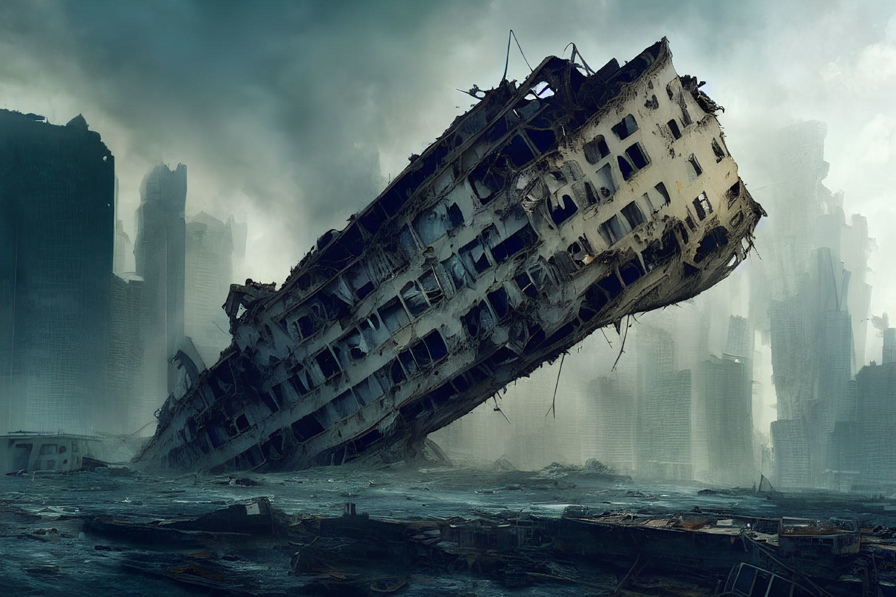 Decaying capsized cruise ship in waterlogged cityscape storm.