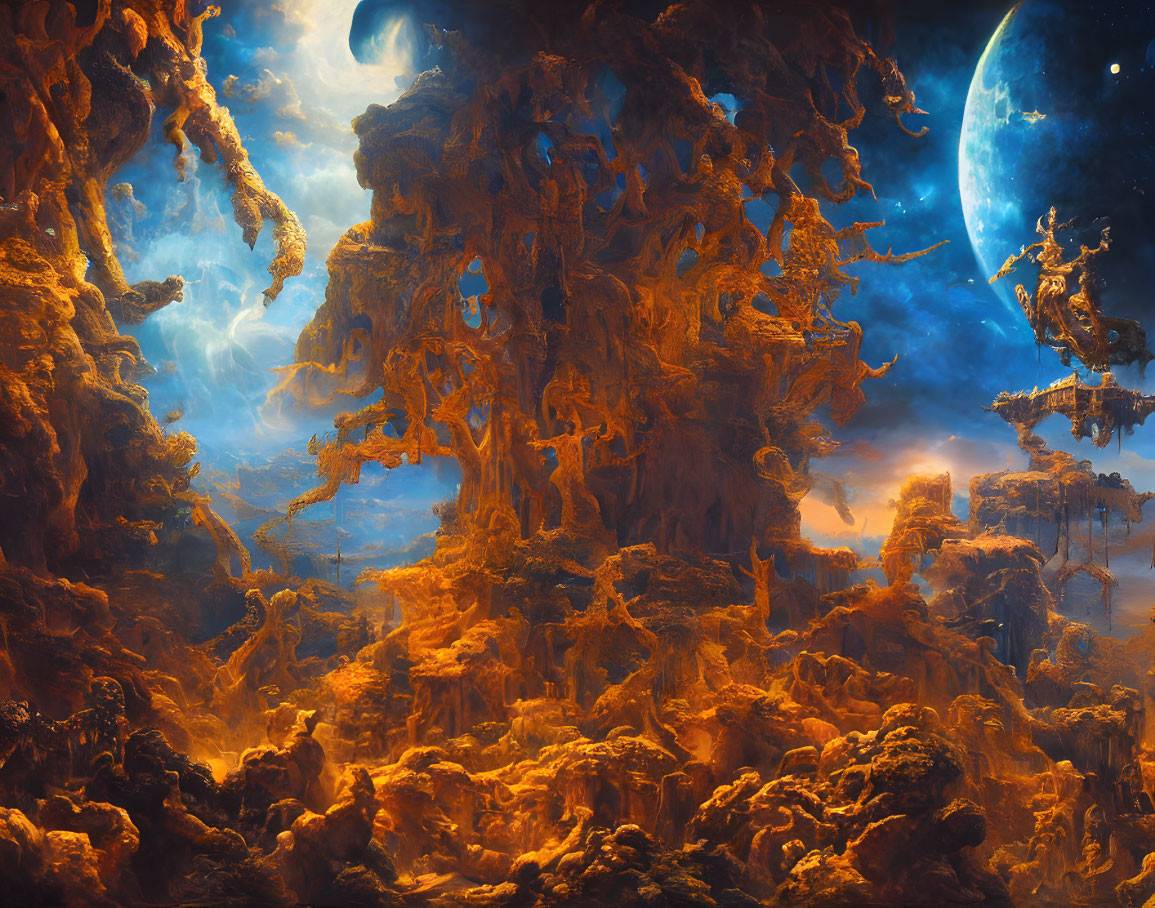 Vibrant otherworldly landscape with towering orange structures and celestial bodies.