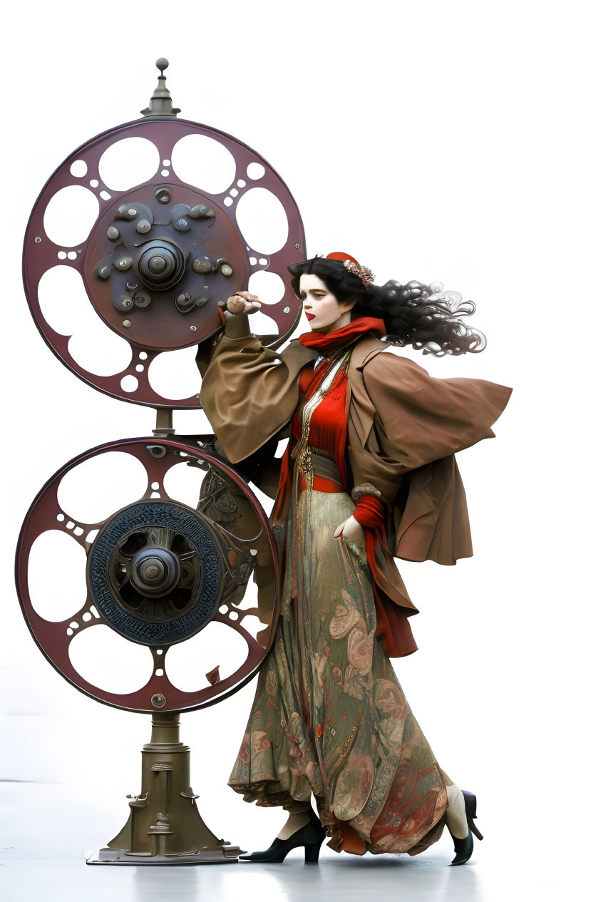 Vintage-inspired woman poses elegantly beside ornate mechanical wheel on white background