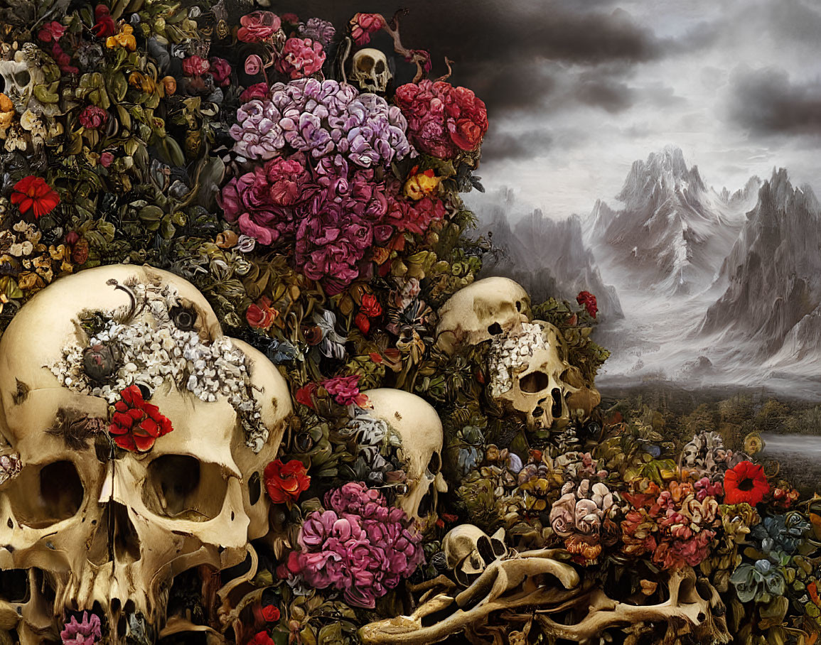 Vibrant floral blooms with human skulls and bones against dark mountains