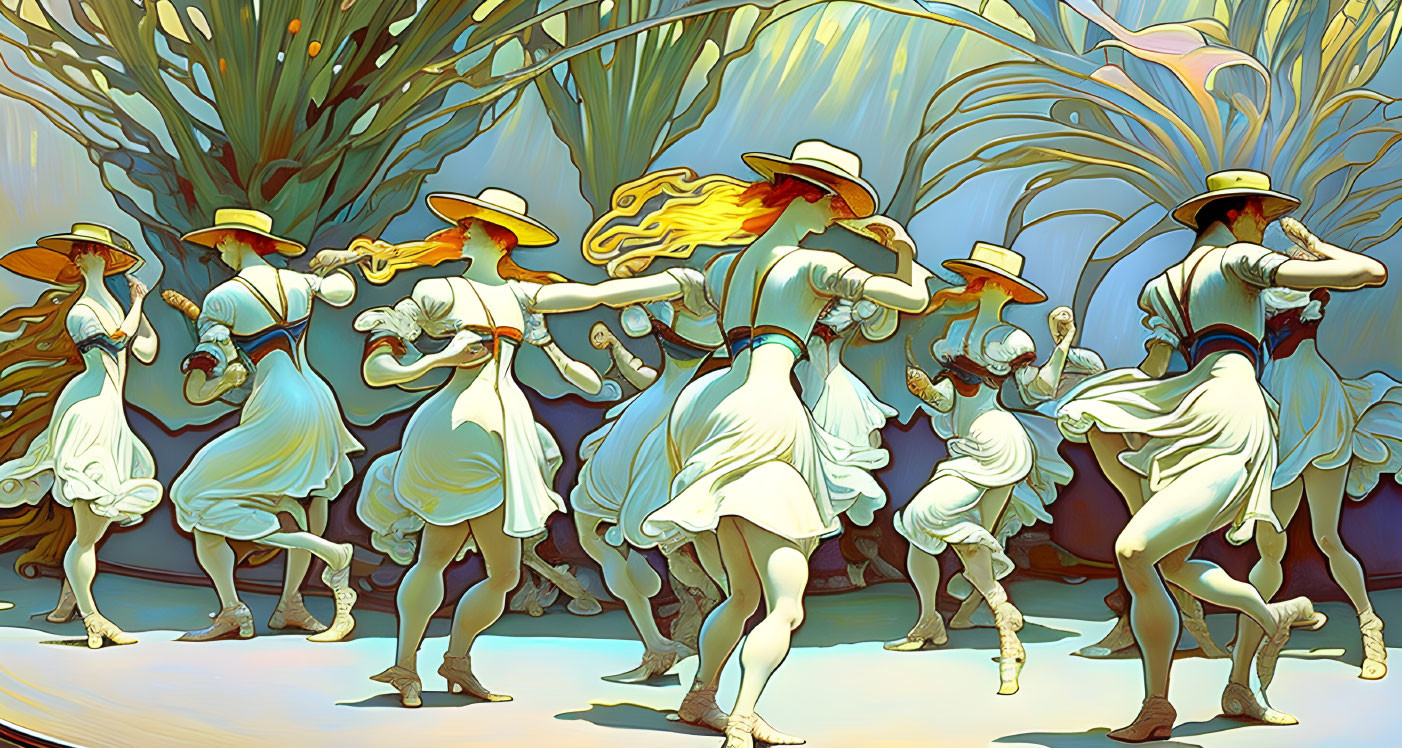 Stylized people dancing joyously in tropical setting