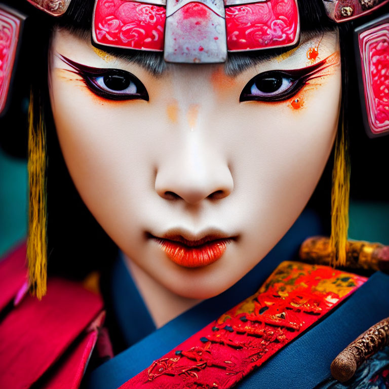 Person in Dramatic Traditional Asian Makeup with Red and White Designs