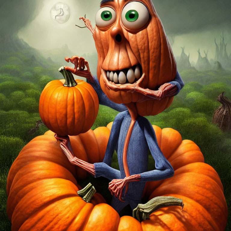 Spooky animated character with pumpkin head in dimly lit forest