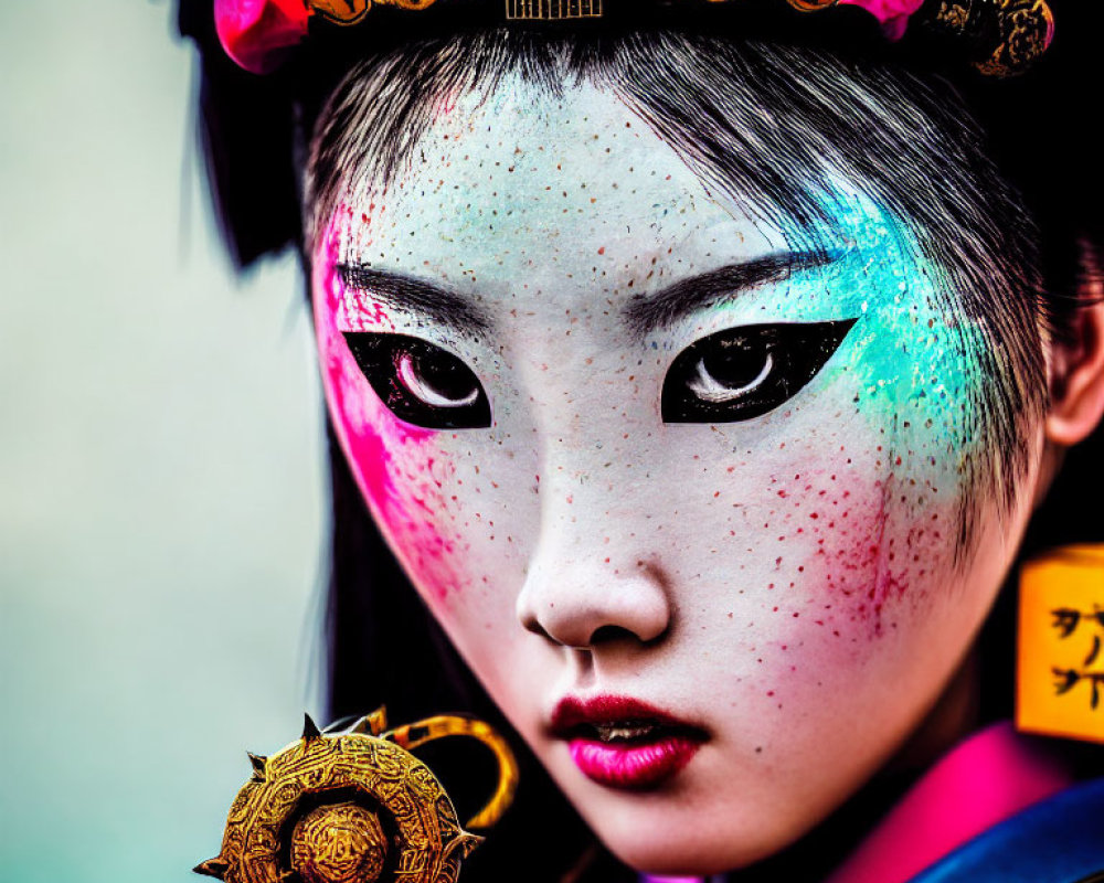 Colorful Traditional Asian Makeup Portrait with Ornate Headdress