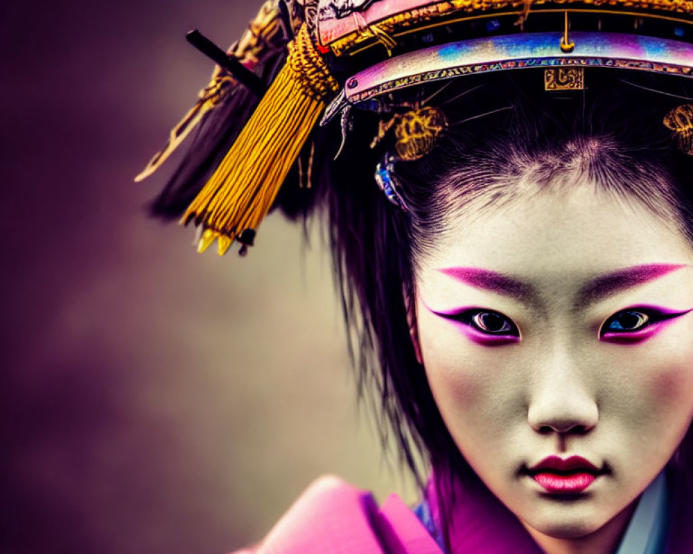 Colorful traditional East Asian headdress and vibrant makeup on person in colorful outfit against blurred background