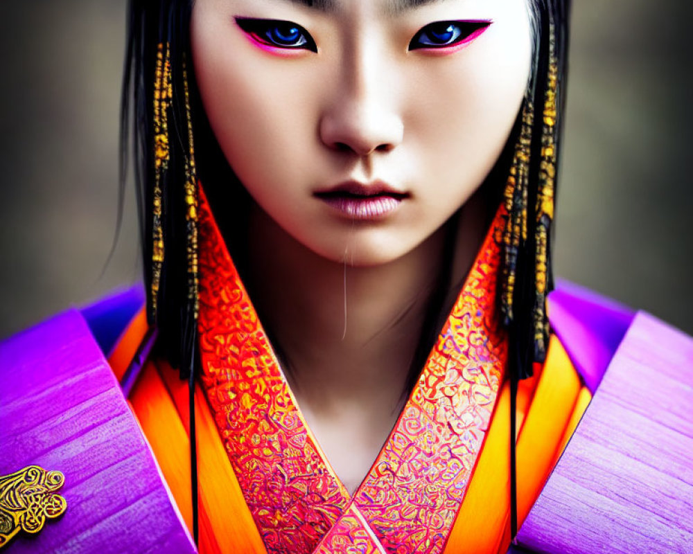 Intense gaze in traditional East Asian attire and decorative headdress