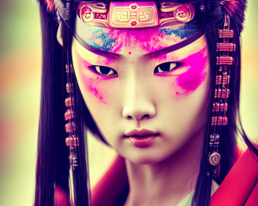 Traditional Japanese attire with pink makeup and ornate headdress portrait.
