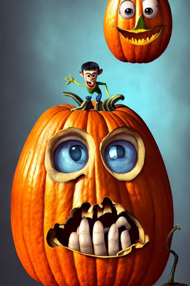 Whimsical vampire on pumpkin with floating pumpkin
