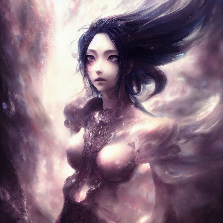 Ethereal woman with black hair and ornate jewelry on cosmic backdrop