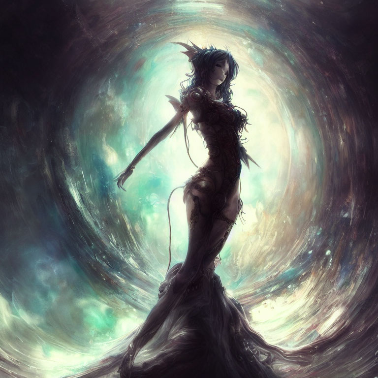 Mystical female figure in flowing attire with celestial backdrop