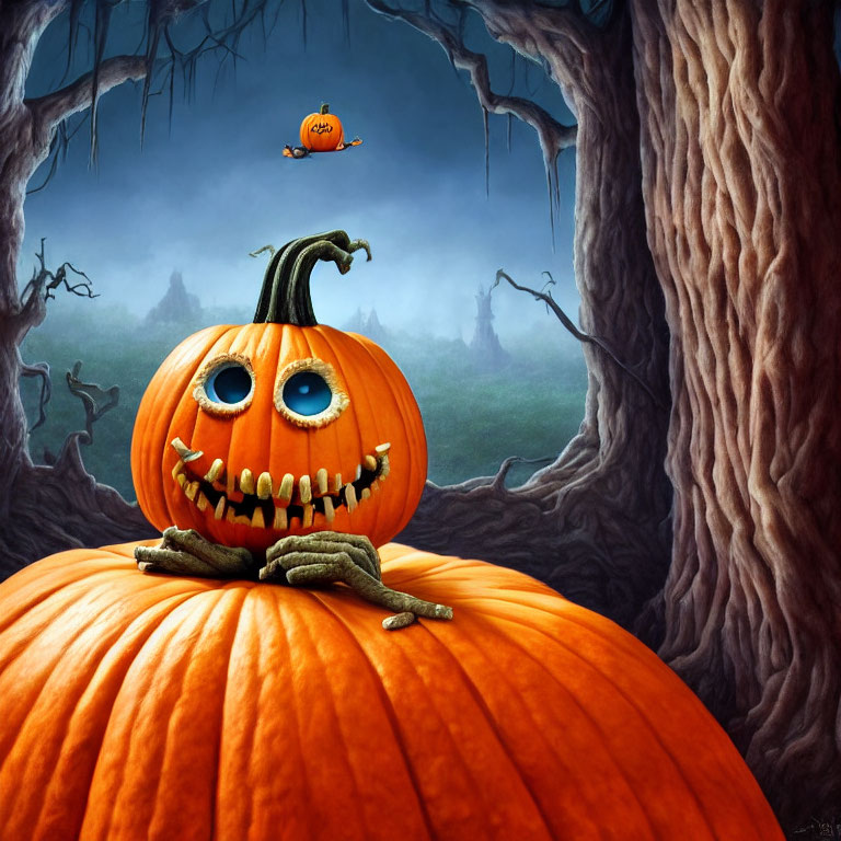 Whimsical Halloween scene with anthropomorphic pumpkin and eerie trees