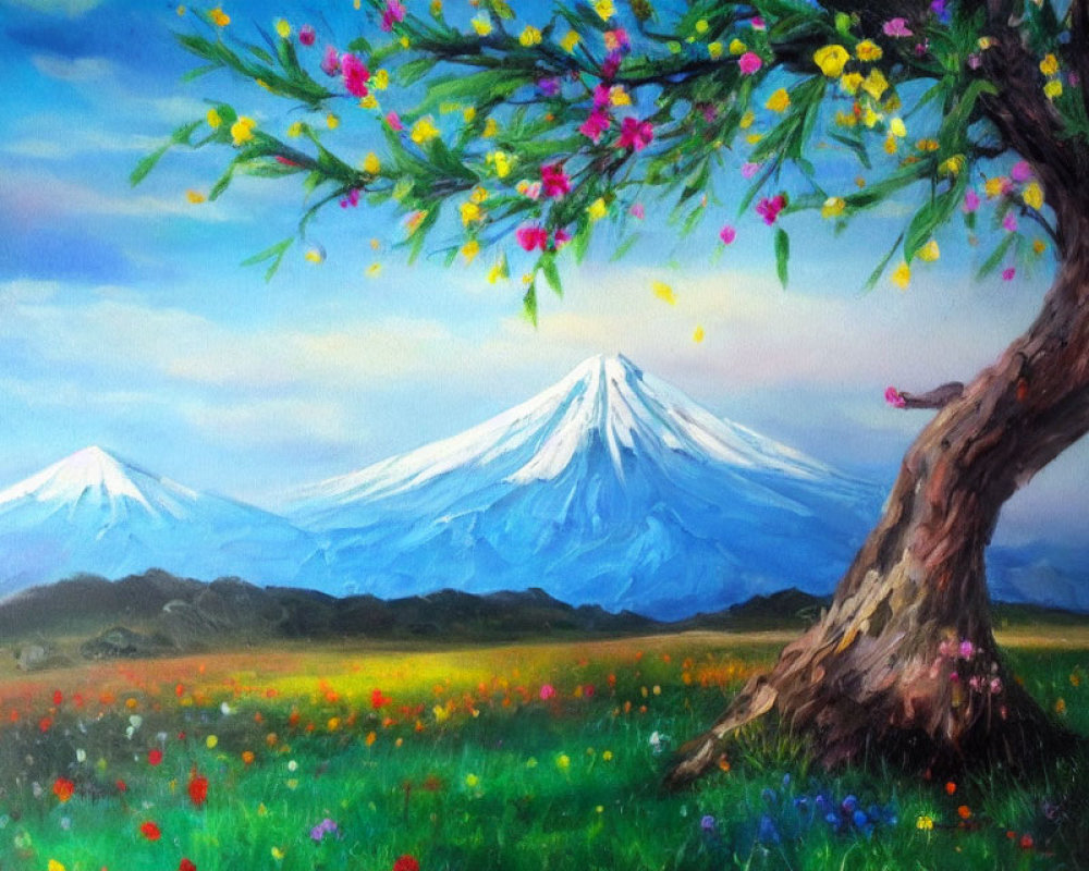 Colorful Flower Meadow Painting with Twisted Tree and Snow-Capped Mountains