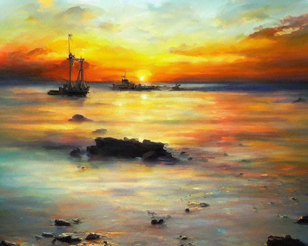 Colorful sunset painting with boats on the sea.